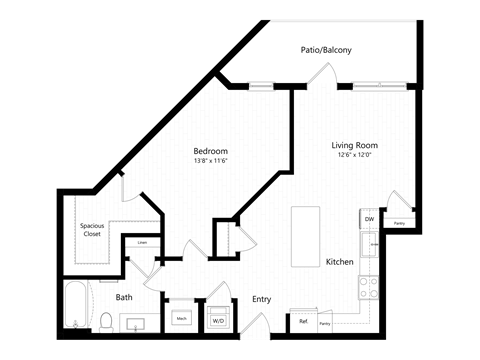 Floor plan for 1 bed, 1 bath, 830 sqft